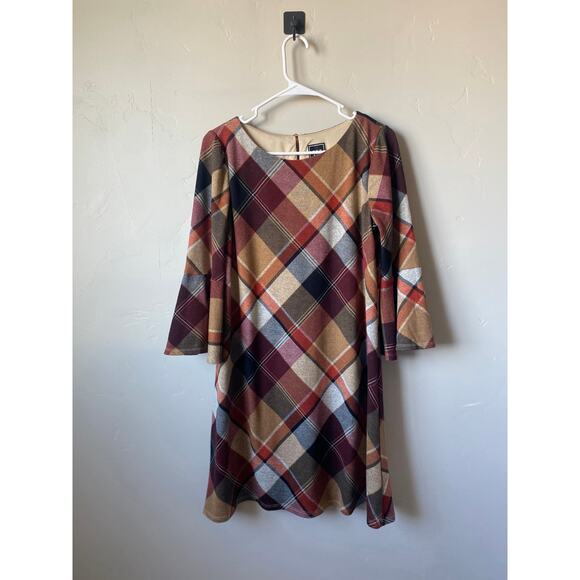 JH Brown/Red/Orange Plaid 3/4 Bell Sleeved Knee Length Dress- Size Medium - Picture 5 of 7